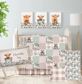 HIGHLAND COW IN PINK FLORAL CRIB BEDDING