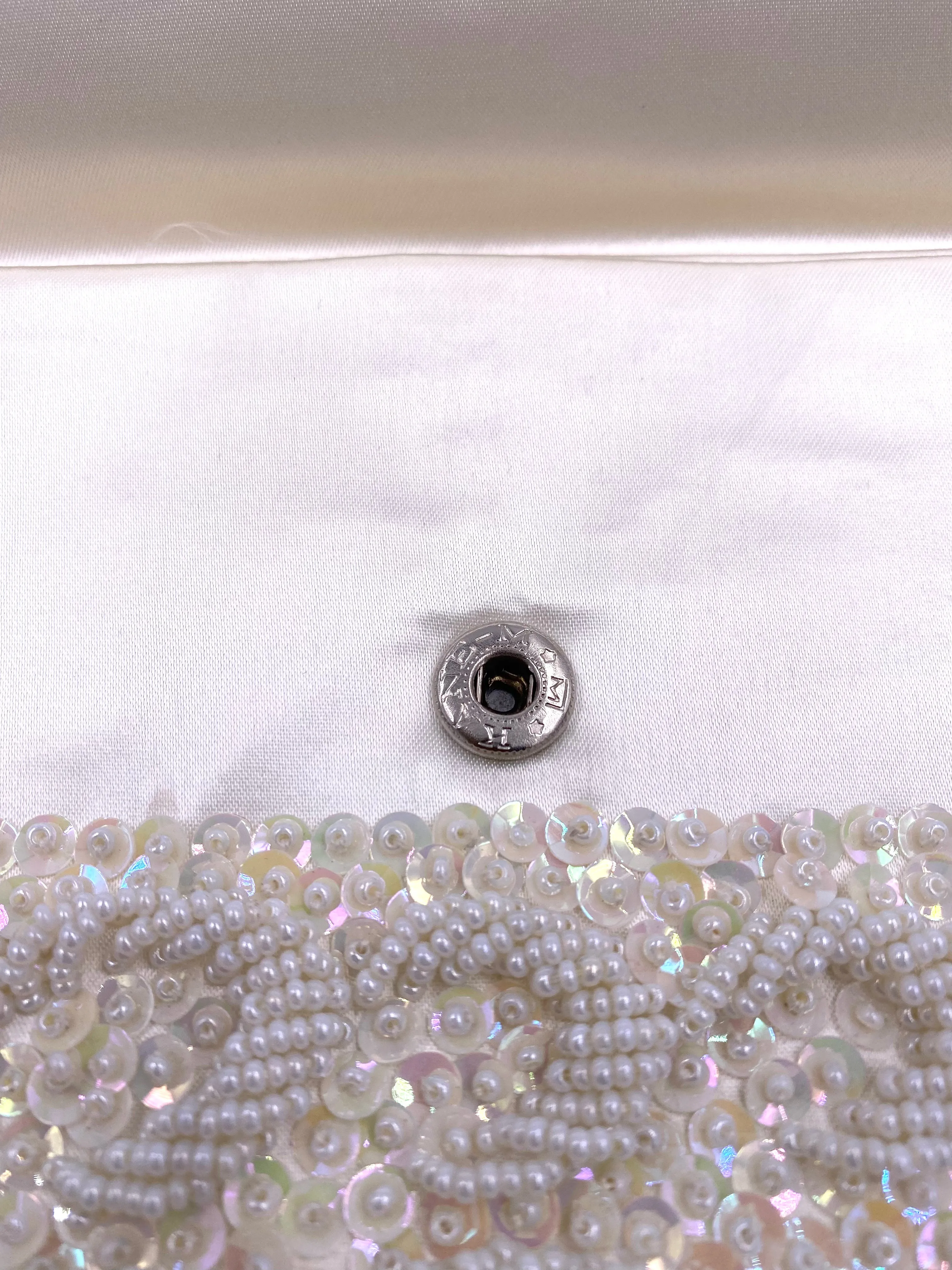 La Regale Vintage Hand Made White Half Moon Beaded & Sequin Clutch