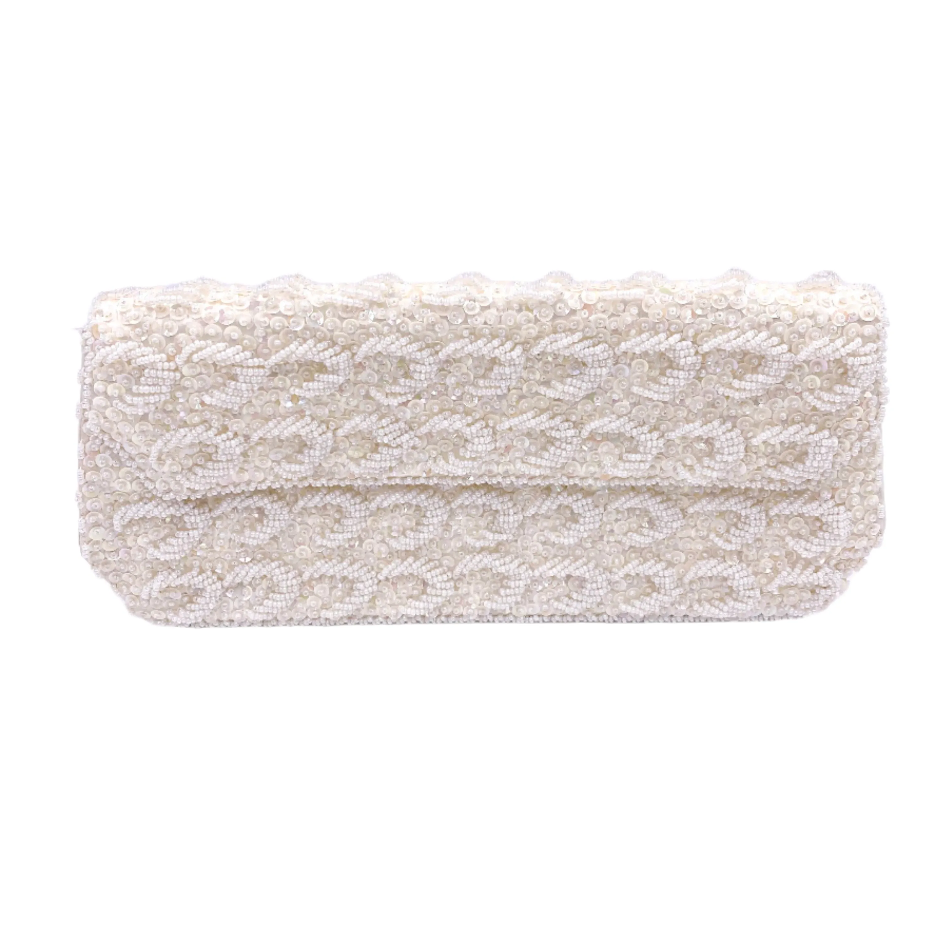 La Regale Vintage Hand Made White Half Moon Beaded & Sequin Clutch