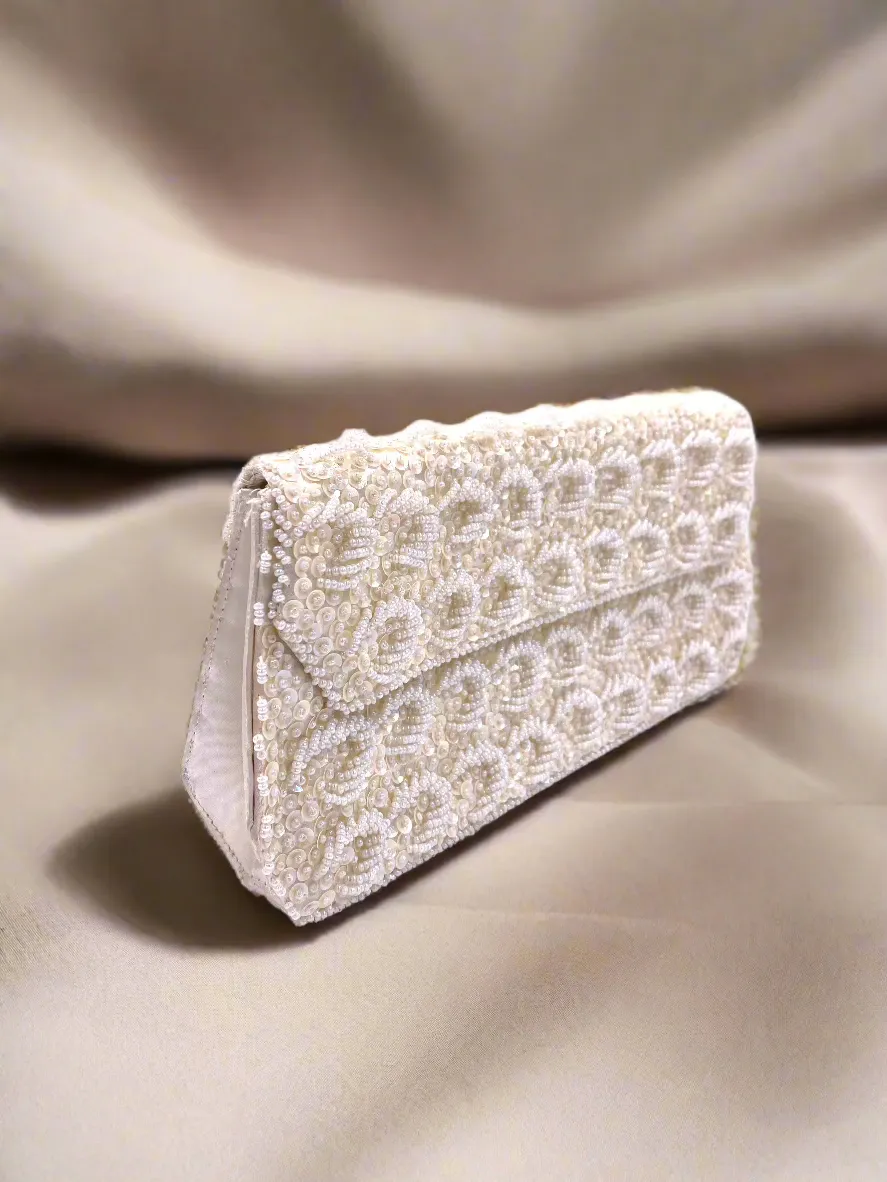 La Regale Vintage Hand Made White Half Moon Beaded & Sequin Clutch