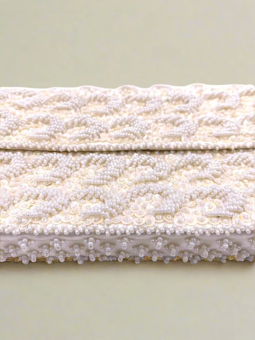 La Regale Vintage Hand Made White Half Moon Beaded & Sequin Clutch