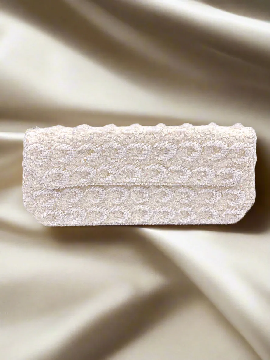 La Regale Vintage Hand Made White Half Moon Beaded & Sequin Clutch