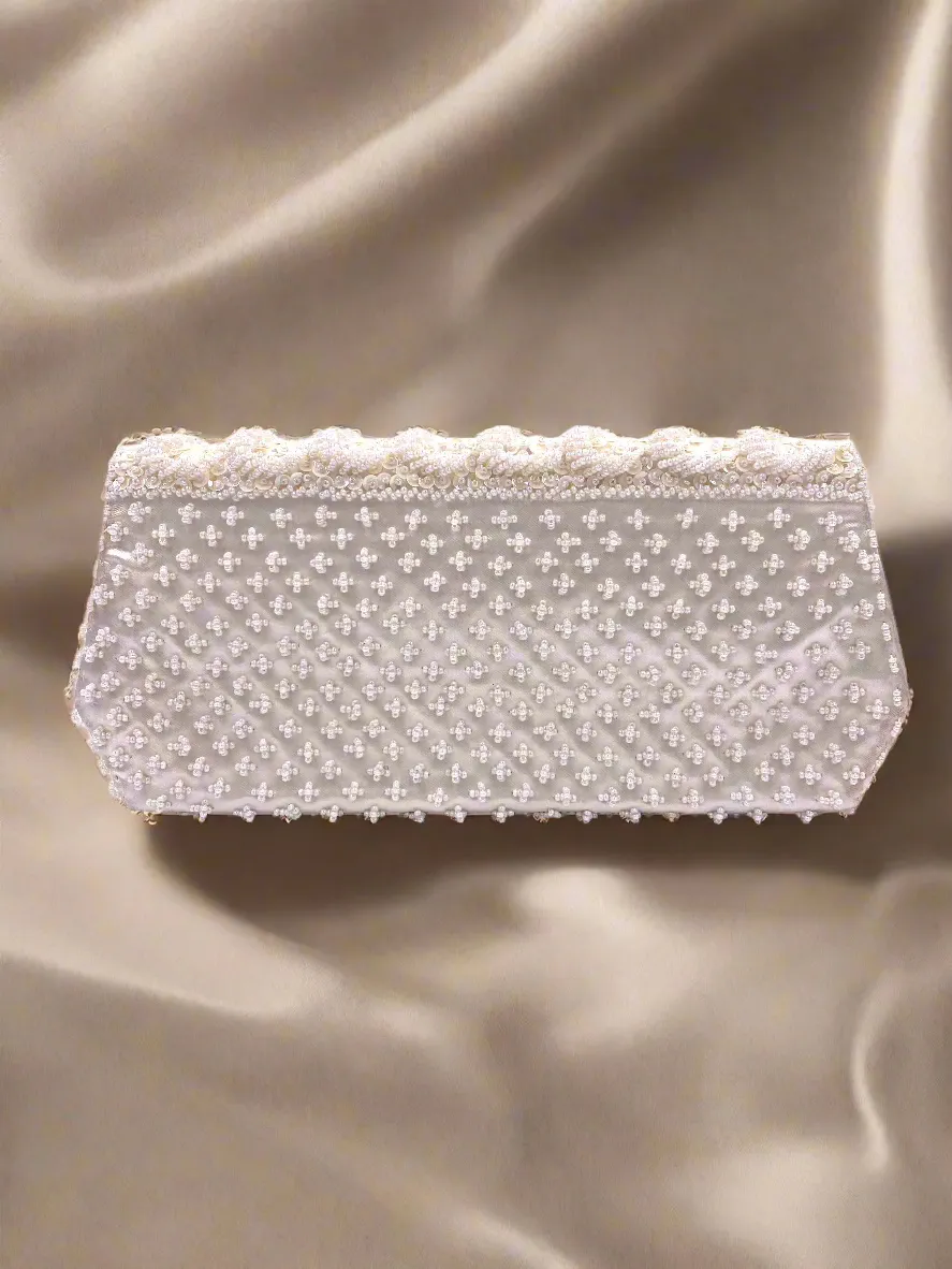 La Regale Vintage Hand Made White Half Moon Beaded & Sequin Clutch