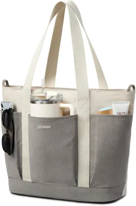 Large Canvas Tote Bag for Women with Zipper Everything Bag with Pockets and Laptop Sleeve for Work, Travel, Gym