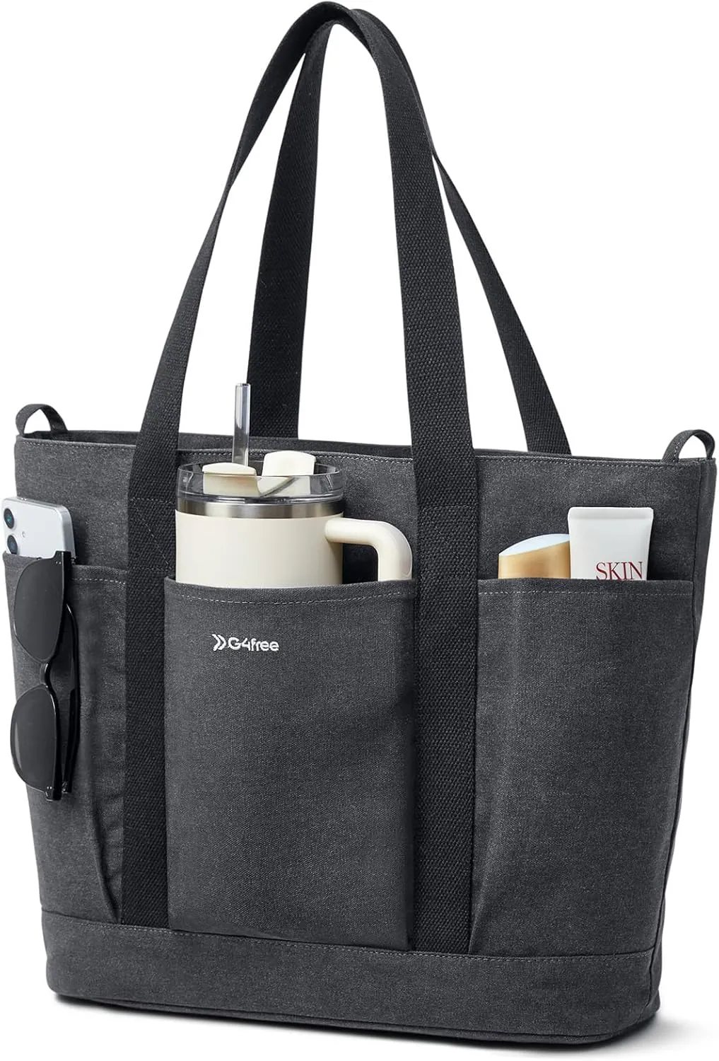 Large Canvas Tote Bag for Women with Zipper Everything Bag with Pockets and Laptop Sleeve for Work, Travel, Gym