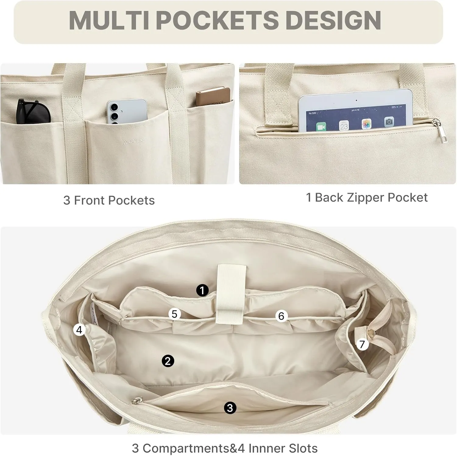 Large Canvas Tote Bag for Women with Zipper Everything Bag with Pockets and Laptop Sleeve for Work, Travel, Gym