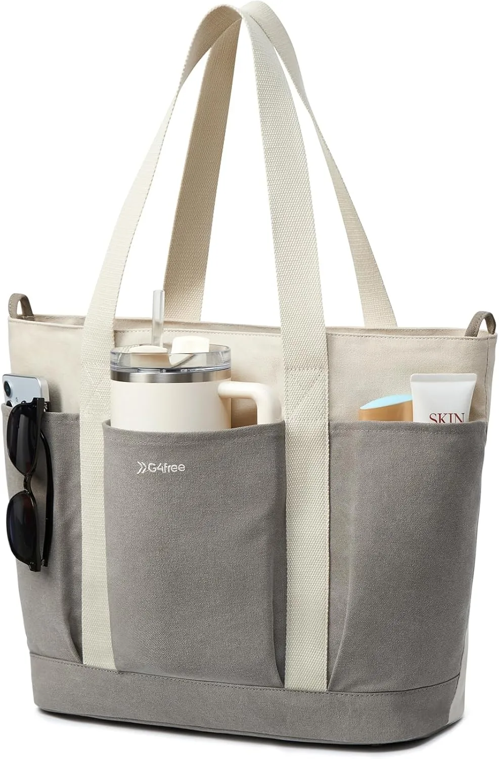 Large Canvas Tote Bag for Women with Zipper Everything Bag with Pockets and Laptop Sleeve for Work, Travel, Gym