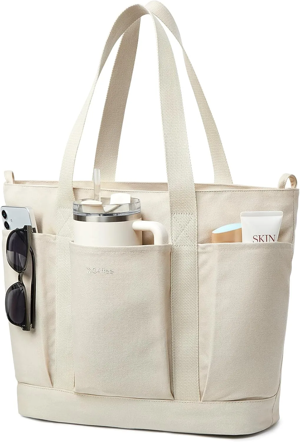 Large Canvas Tote Bag for Women with Zipper Everything Bag with Pockets and Laptop Sleeve for Work, Travel, Gym