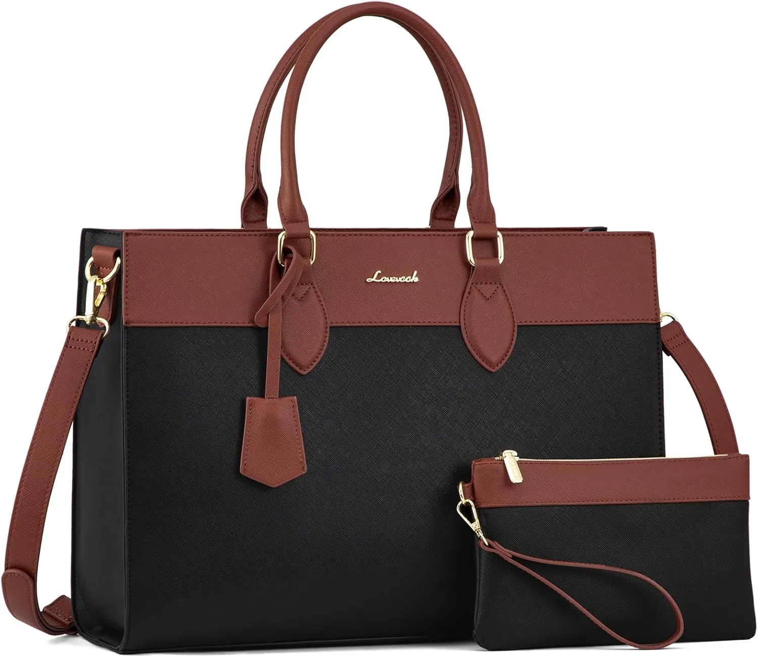 LOVEVOOK Laptop Bag for Women, 15.6 inch Leather Tote Bag Work Briefcase Handbag Shoulder, Black-Brown