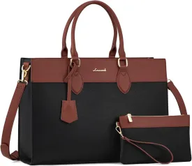 LOVEVOOK Laptop Bag for Women, 15.6 inch Leather Tote Bag Work Briefcase Handbag Shoulder, Black-Brown