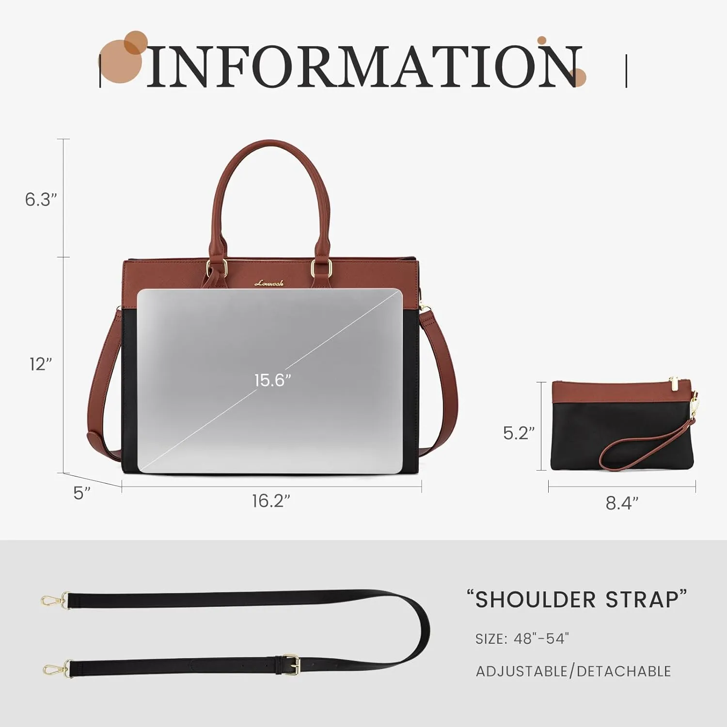 LOVEVOOK Laptop Bag for Women, 15.6 inch Leather Tote Bag Work Briefcase Handbag Shoulder, Black-Brown