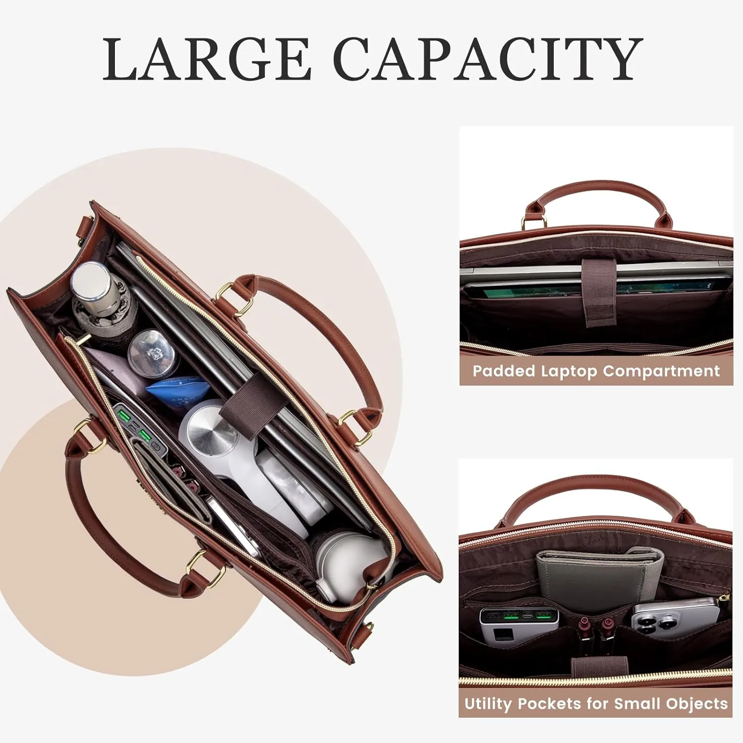 LOVEVOOK Laptop Bag for Women, 15.6 inch Leather Tote Bag Work Briefcase Handbag Shoulder, Black-Brown
