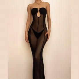Mesh see through o ring hollow out backless tube cut out maxi dress