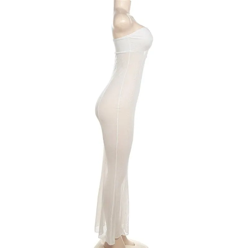 Mesh see through o ring hollow out backless tube cut out maxi dress