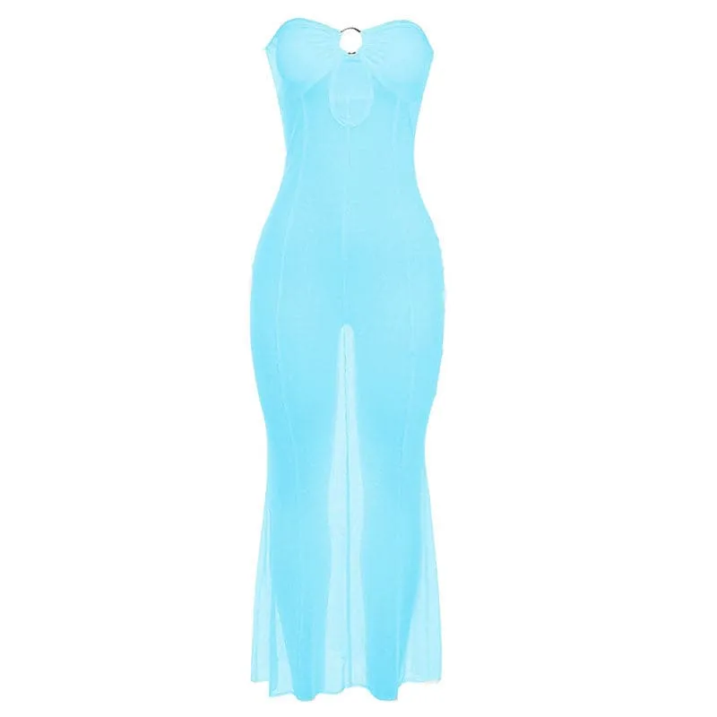 Mesh see through o ring hollow out backless tube cut out maxi dress