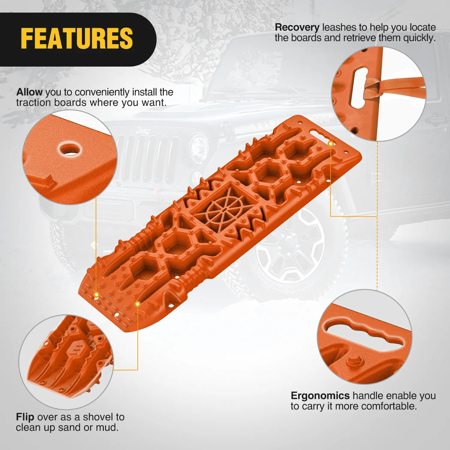 Off-Road Recovery Traction Boards For 4WD 4X4 with Jack Lift & Carry Bag (Orange)