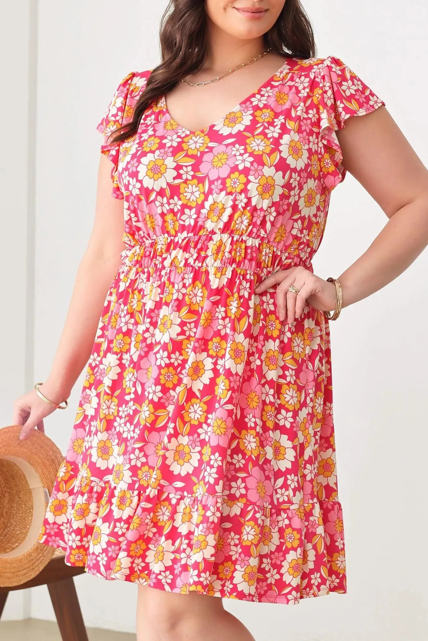 Plus Size Floral Print Boho Ruffle Short Sleeve Tiered Ruffle Trim Knee Length Dress