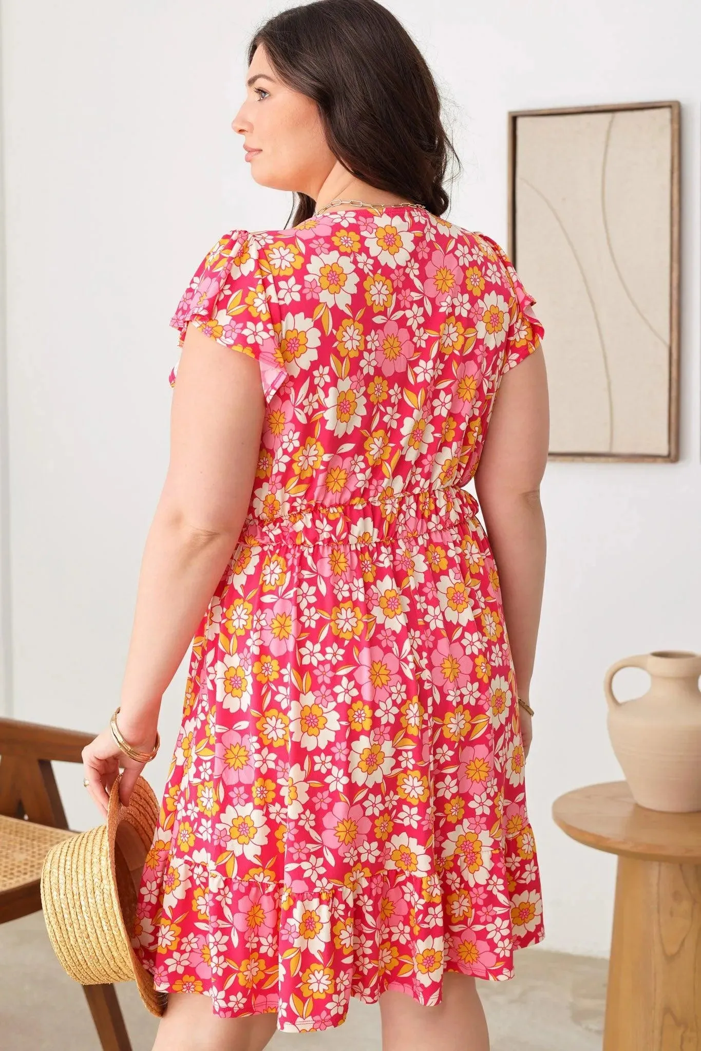 Plus Size Floral Print Boho Ruffle Short Sleeve Tiered Ruffle Trim Knee Length Dress