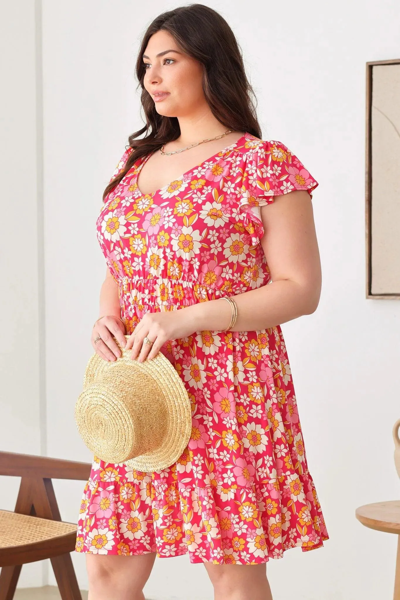 Plus Size Floral Print Boho Ruffle Short Sleeve Tiered Ruffle Trim Knee Length Dress
