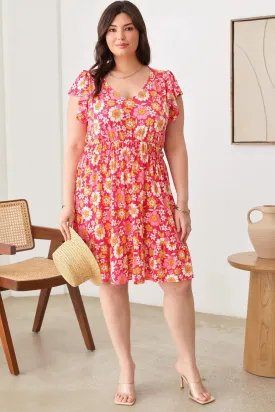 Plus Size Floral Print Boho Ruffle Short Sleeve Tiered Ruffle Trim Knee Length Dress