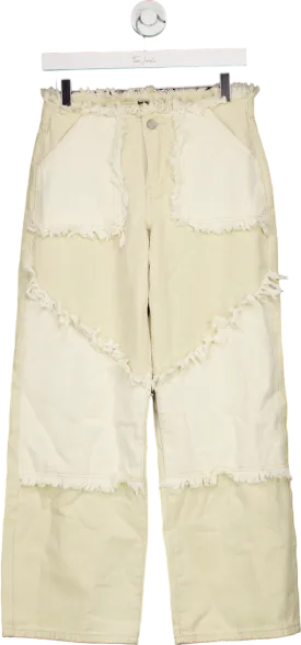 PrettyLittleThing Ecru Petite Low Waist Frayed Patchwork Jeans UK 6