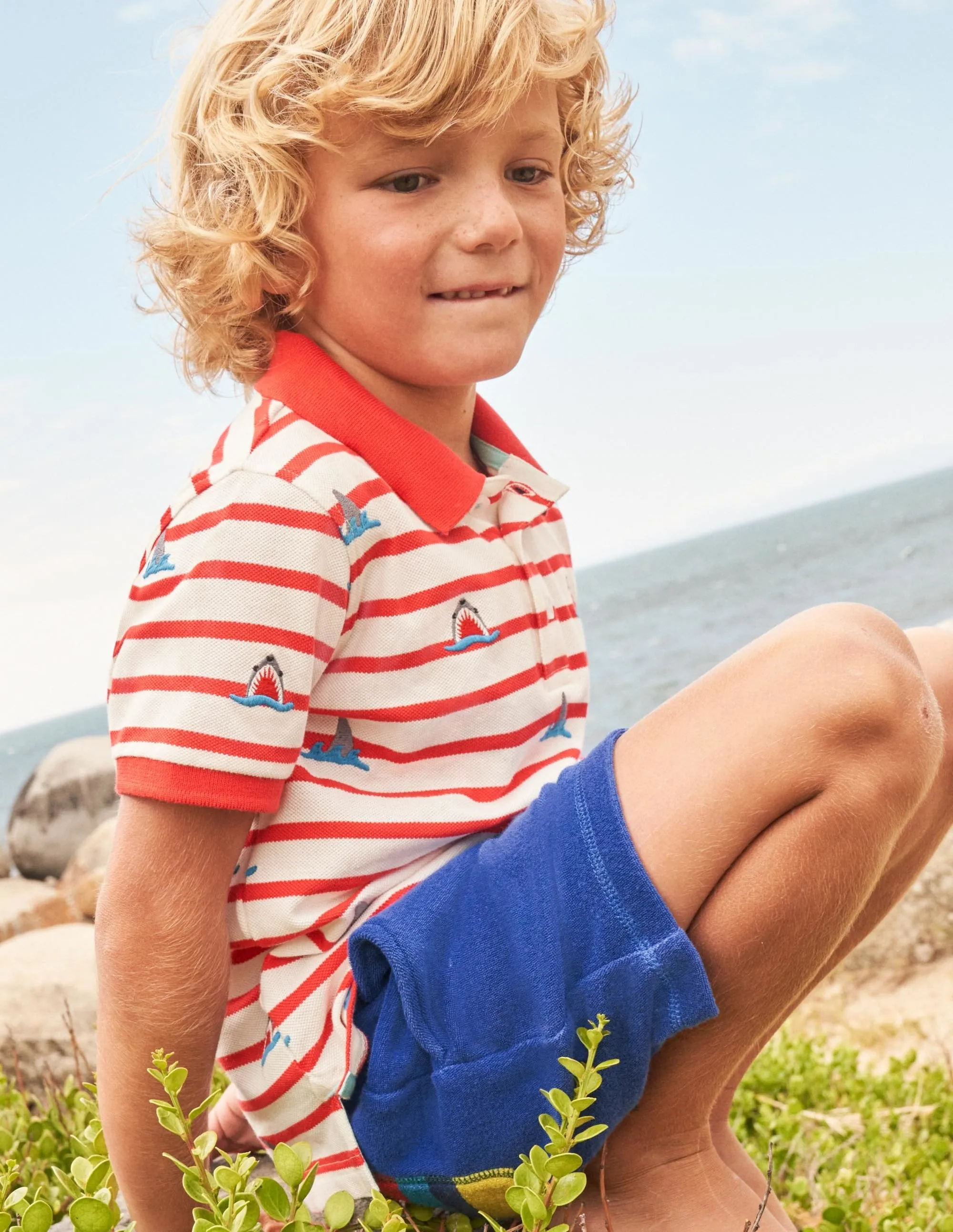 Red Shark Embroidered Polo Shirt-Strawberry Red/Ivory Sharks