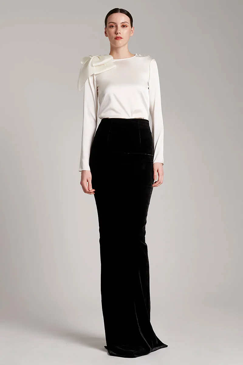 Silk Velvet High Waisted Maxi Skirt in Black