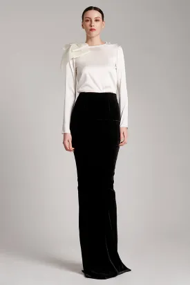 Silk Velvet High Waisted Maxi Skirt in Black