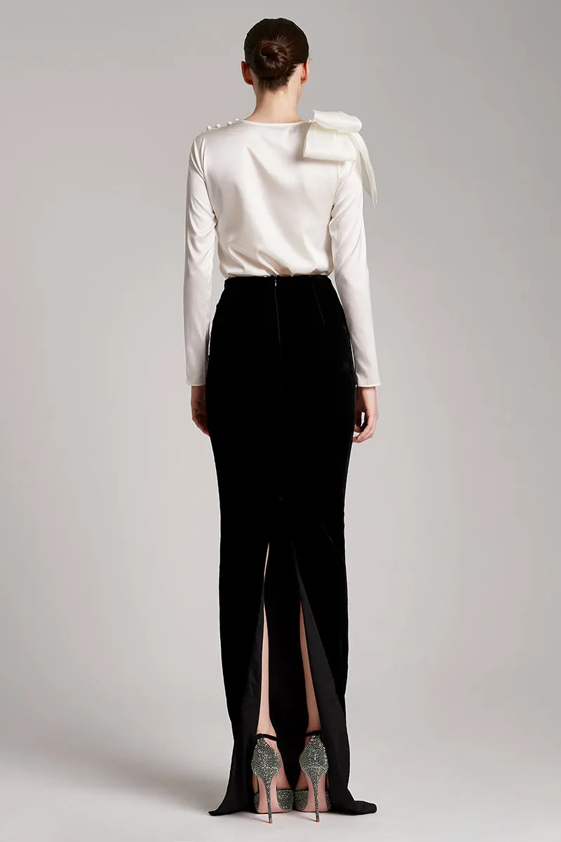 Silk Velvet High Waisted Maxi Skirt in Black