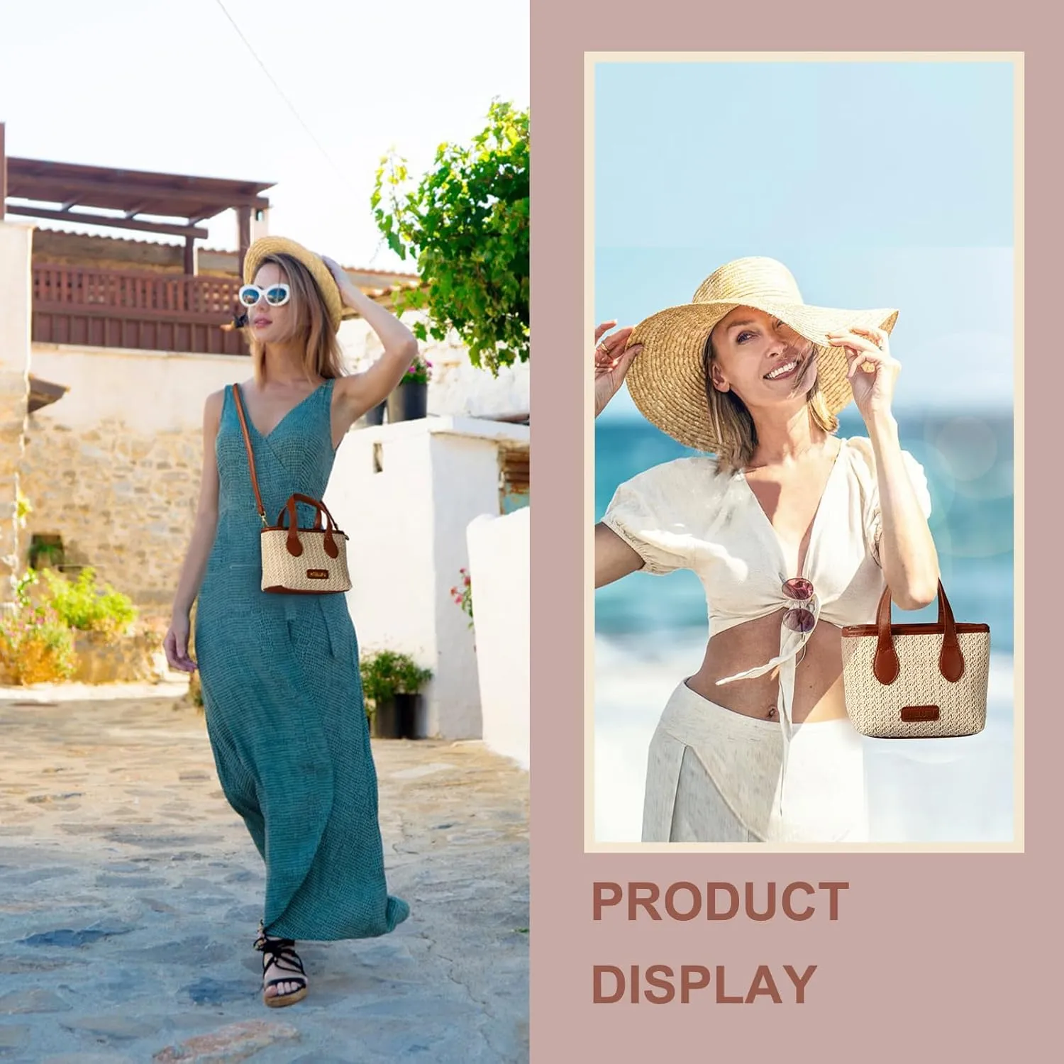 Small Beach Bags for Women, Boho Straw Purse Woven Crossbody Shoulder Bag, Rattan Handbag for Summer Vacation