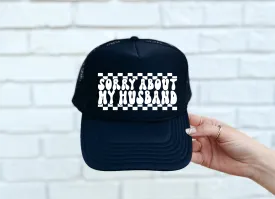 Sorry About My Husband DTF Printed Black Trucker Hat/White Text