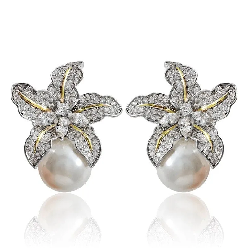 Statement Earrings with Pearls,Big stud earrings for brides Crystal earrings With pearl Big Bridal Earrings Partywear Earrings Gift for her