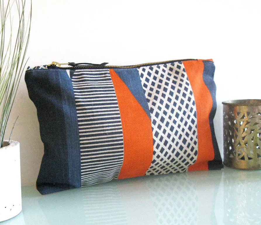 Textured Stripe pouch: Blue, Navy, Orange
