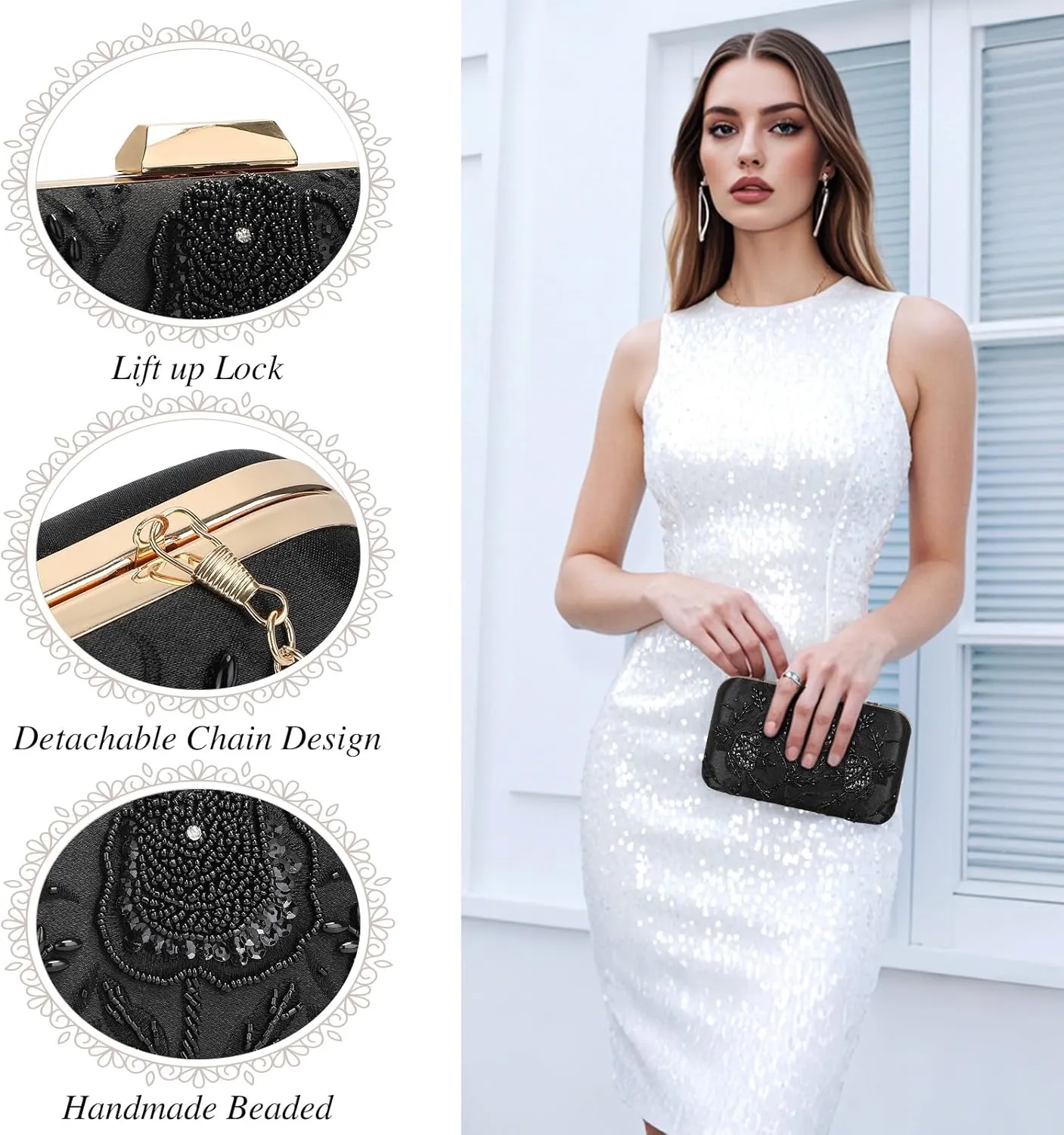 UBORSE Embroidery Sequins Beaded Clutch Evening Bags for Women Formal Party Wedding Purses