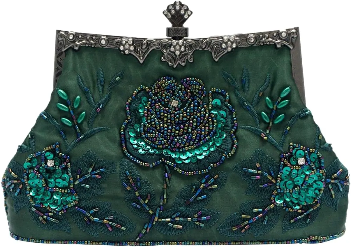 Vintage 1920s Beaded Evening Bag Pearl Clutch Bag for Women Sequin Handbag Bridal Wedding Purse Floral Shoulder Bag