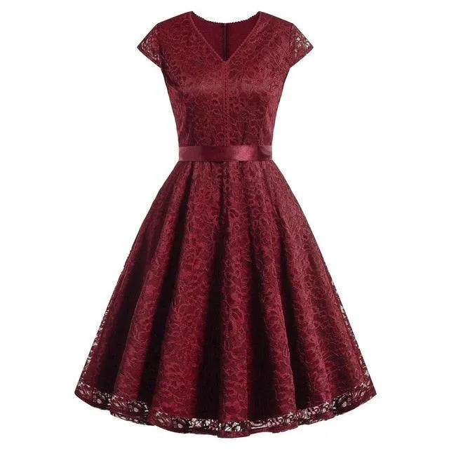 Vintage Sleeveless Belt Floral Lace Wedding Party Dress
