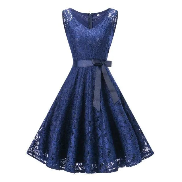 Vintage Sleeveless Belt Floral Lace Wedding Party Dress