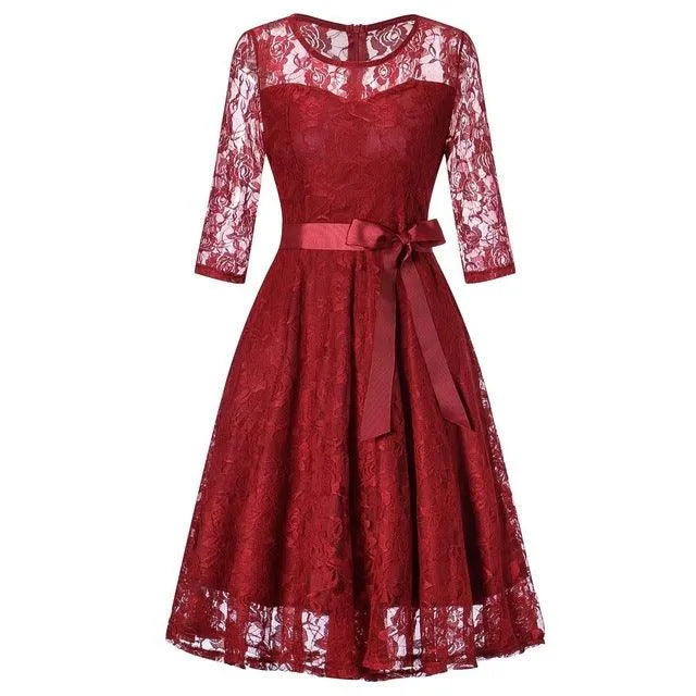 Vintage Sleeveless Belt Floral Lace Wedding Party Dress