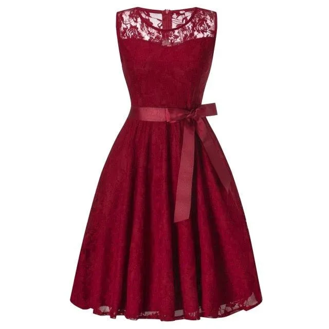 Vintage Sleeveless Belt Floral Lace Wedding Party Dress