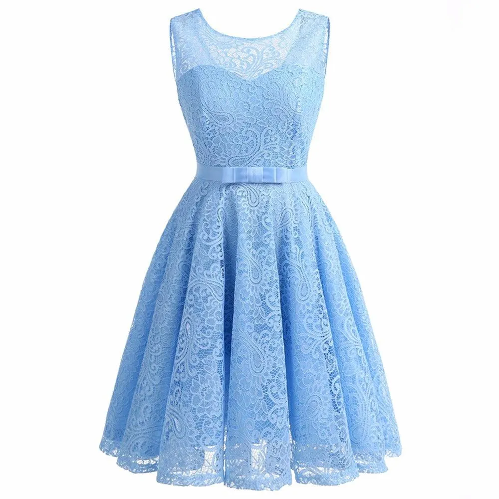 Vintage Sleeveless Belt Floral Lace Wedding Party Dress