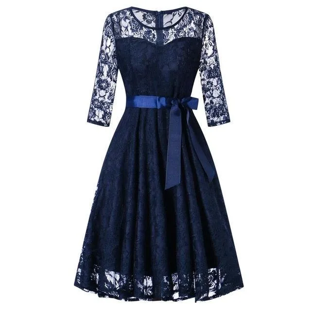 Vintage Sleeveless Belt Floral Lace Wedding Party Dress