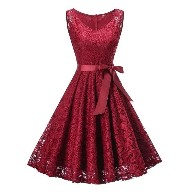 Vintage Sleeveless Belt Floral Lace Wedding Party Dress