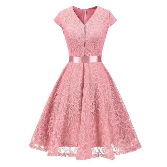 Vintage Sleeveless Belt Floral Lace Wedding Party Dress