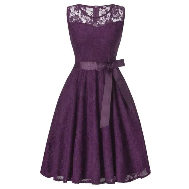 Vintage Sleeveless Belt Floral Lace Wedding Party Dress