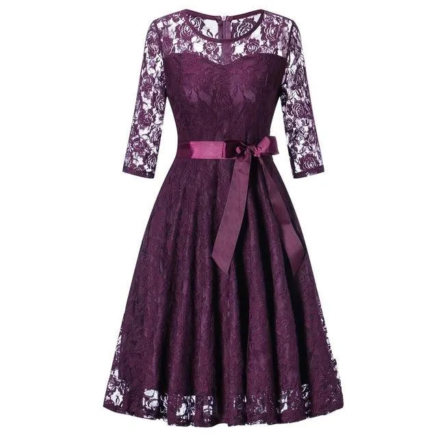 Vintage Sleeveless Belt Floral Lace Wedding Party Dress