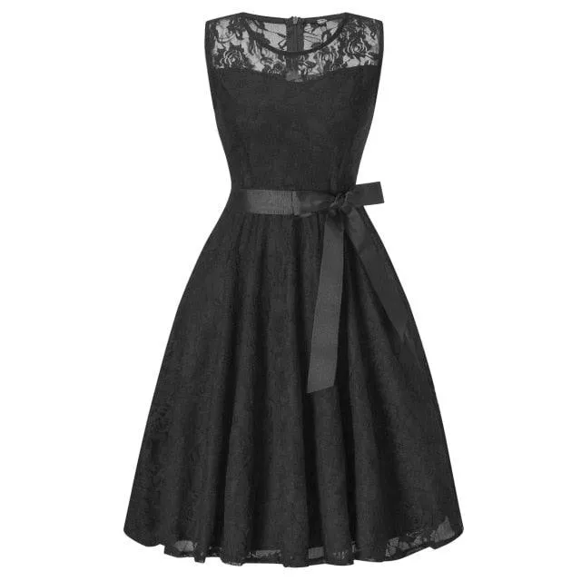 Vintage Sleeveless Belt Floral Lace Wedding Party Dress