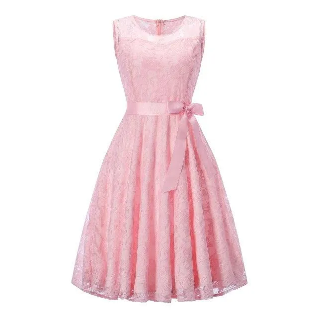 Vintage Sleeveless Belt Floral Lace Wedding Party Dress