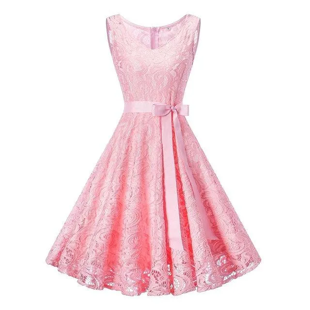 Vintage Sleeveless Belt Floral Lace Wedding Party Dress