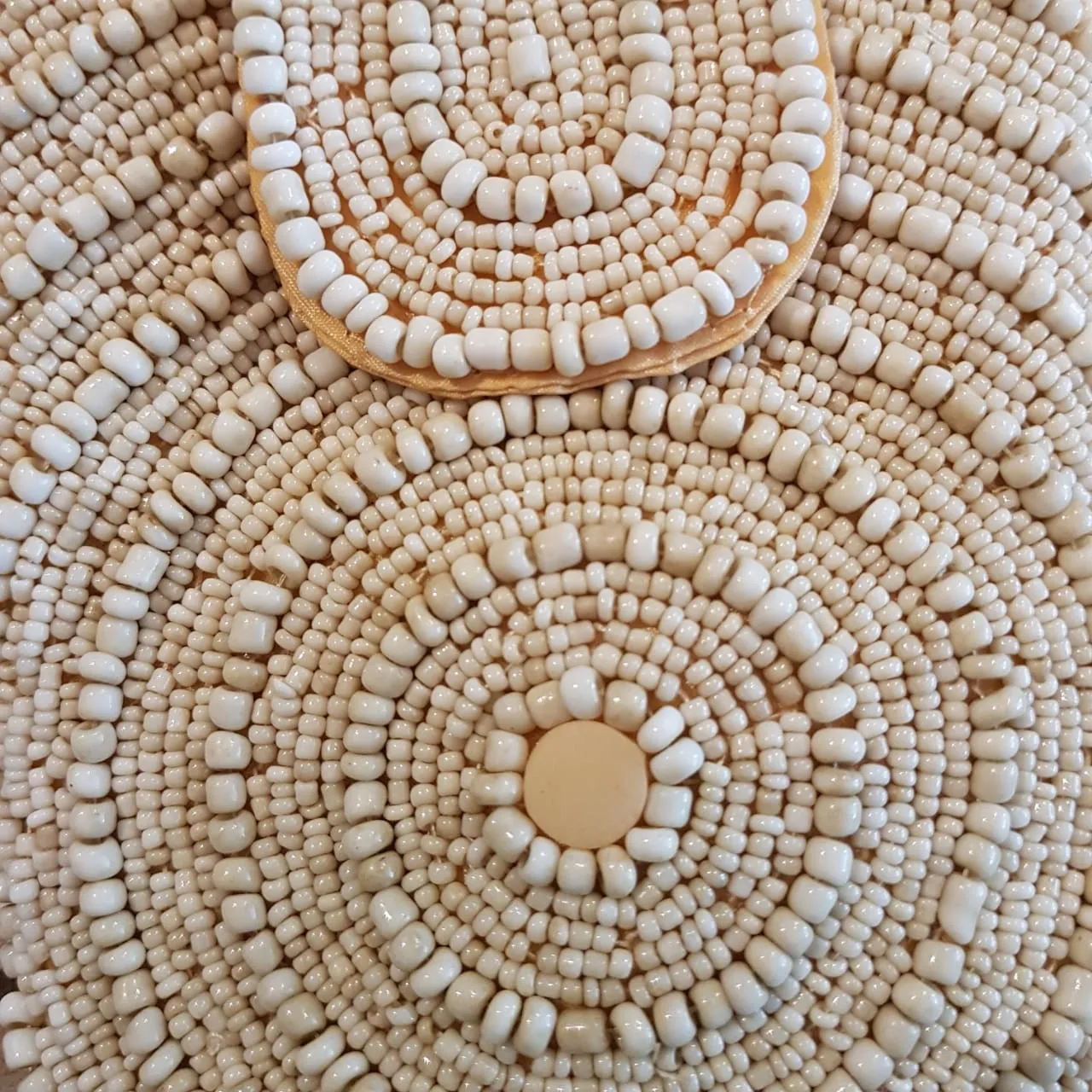 White Circle Pattern Woven Beaded Clutch With Long Strap