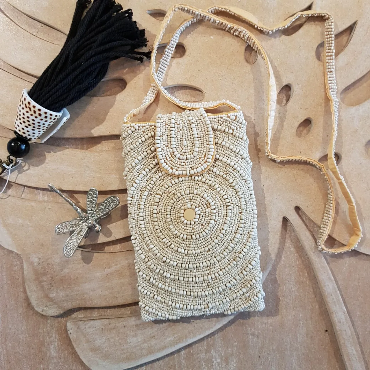 White Circle Pattern Woven Beaded Clutch With Long Strap